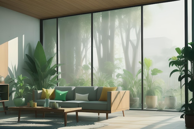 A living room with a large window that has a green plant on it.