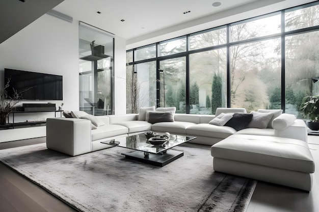 A living room with a large window that has a large black frame and a white couch.