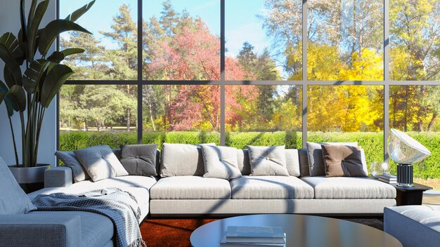 A living room with a large window that has a large window that says'the best'on it