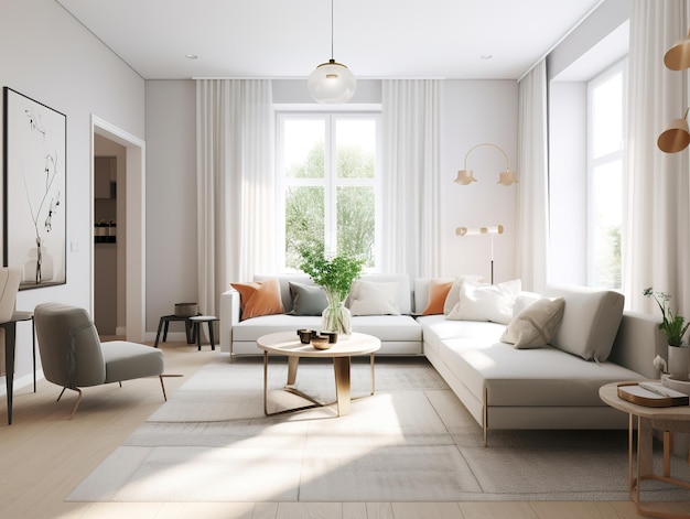 A living room with a large window that has a light on it.