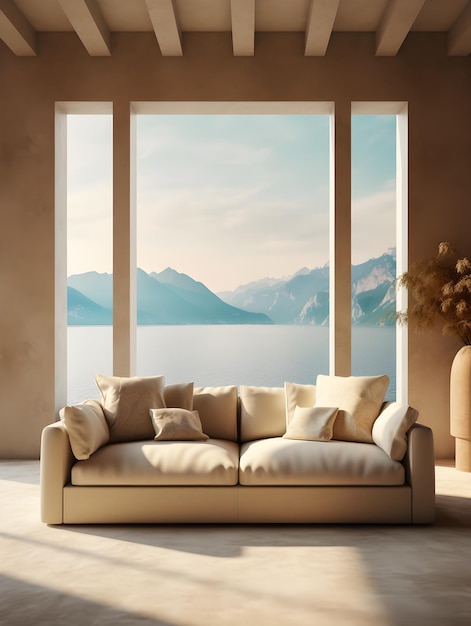 A living room with a large window that has a mountain view on it.