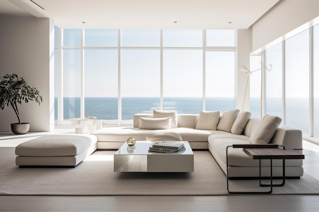 A living room with a large window that has the ocean in the background.