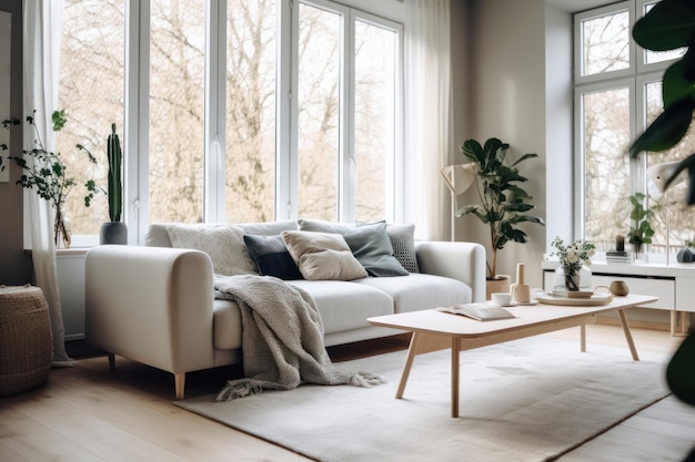 A living room with a large window that has a plant on it.