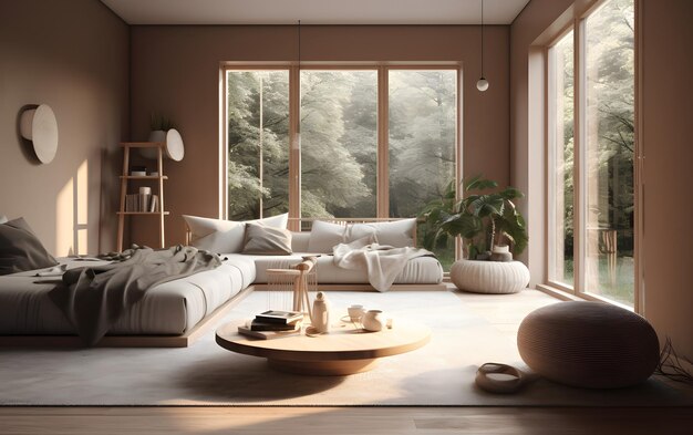 A living room with a large window that has a plant on it.