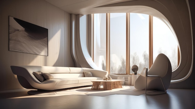 A living room with a large window that has a view of the city Modern living room Generative AI