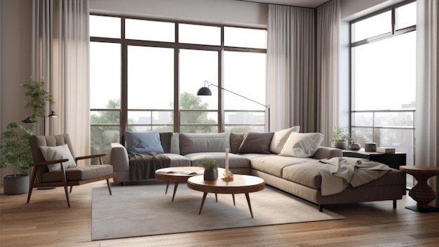 A living room with a large window that has a view of the city.