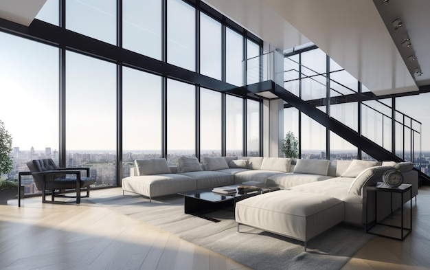 A living room with a large window that has a view of the city.