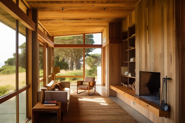 A living room with a large window that has a view of the field.