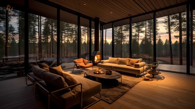 A living room with a large window that has a view of the forest.