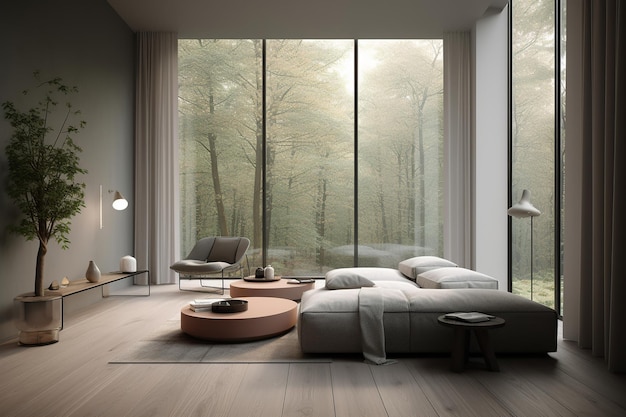 A living room with a large window that has a view of the forest.