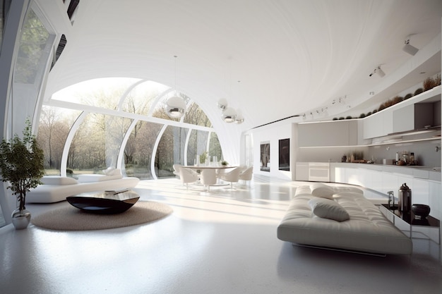 A living room with a large window that has a view of the forest.