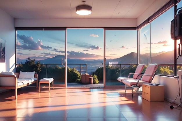 A living room with a large window that has a view of the mountains in the distance.