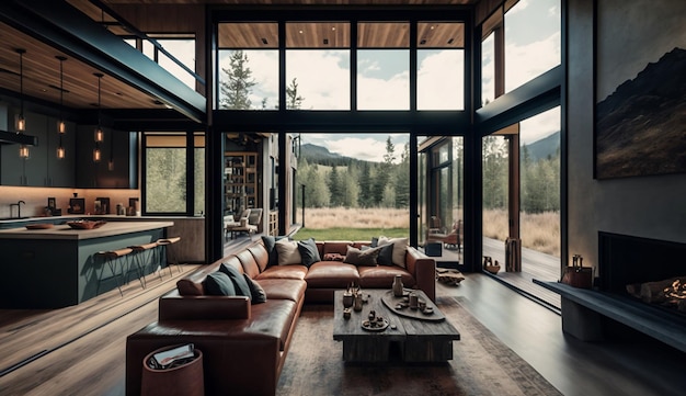 A living room with a large window that has a view of the mountains.