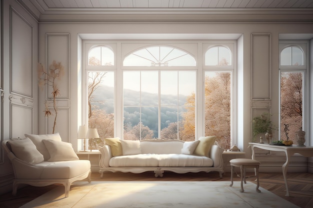 A living room with a large window that has a view of the mountains