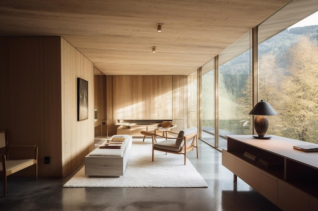 A living room with a large window that has a view of the mountains.