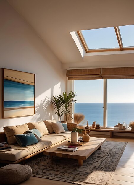 Photo a living room with a large window that has a view of the ocean