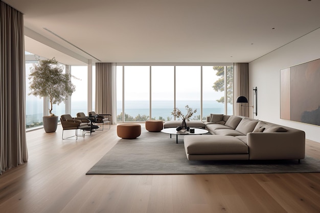 A living room with a large window that has a view of the ocean.