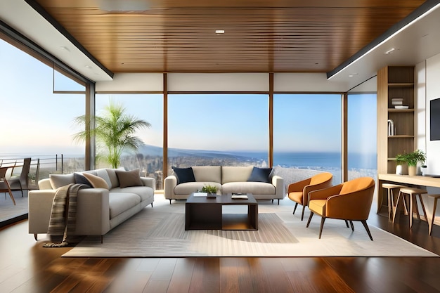 A living room with a large window that has a view of the ocean.