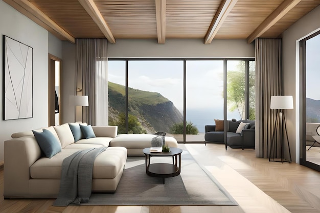 A living room with a large window that has a view of the ocean.