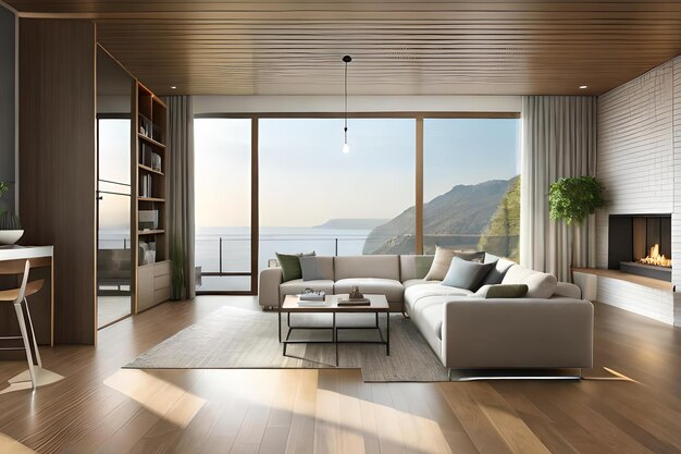 A living room with a large window that has a view of the ocean.