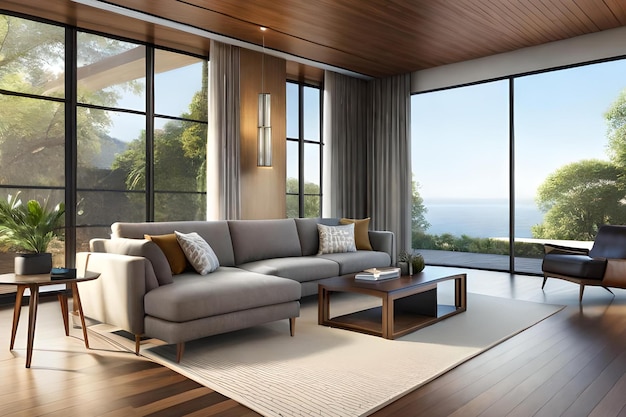 A living room with a large window that has a view of the ocean.