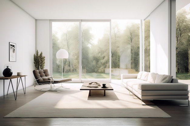 A living room with a large window that has a view of the outside.