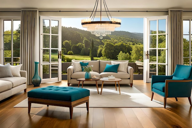 A living room with a large window that has a view of the valley.