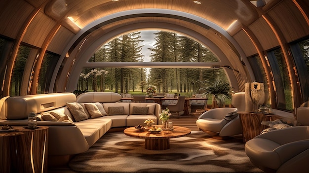 A living room with a large window that says'forest'on it