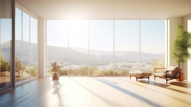 A living room with a large window that says'the house is on the top floor '