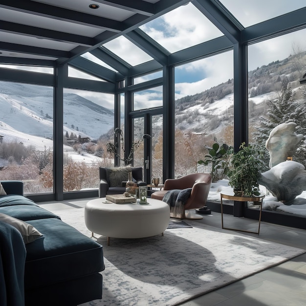 A living room with a large window that says snow on the mountain.