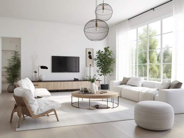 A living room with a large window and a tv on the wall.