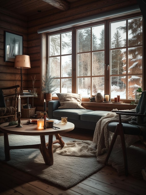 A living room with a large window with a view of the snow outside.