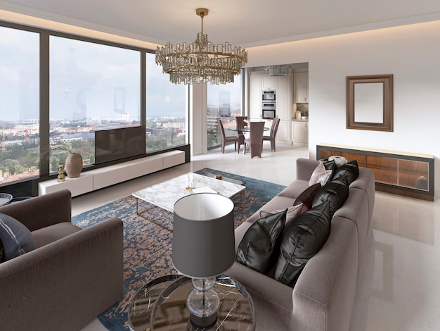 Living room with large windows and beautiful views of the city. 3D rendering