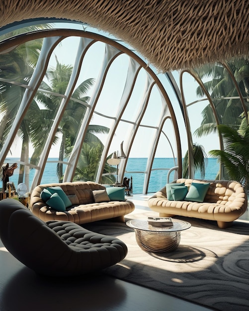 living room with large windows to the sea