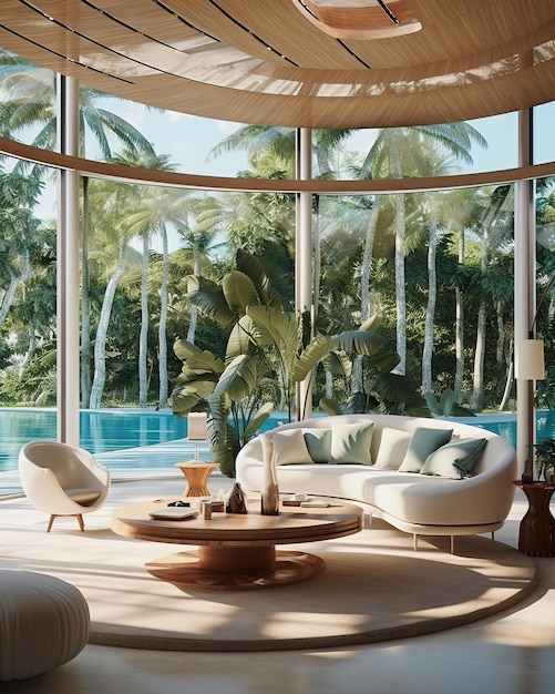 living room with large windows to the sea