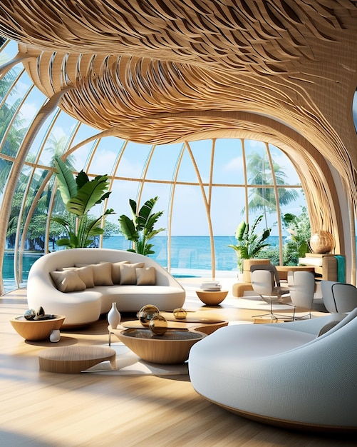 living room with large windows to the sea