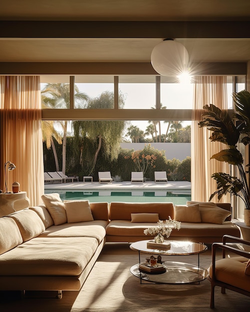 living room with large windows to the sea