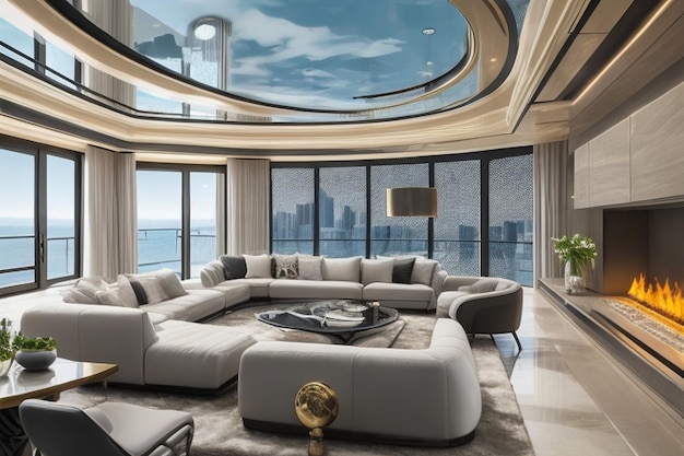 a living room with a large windows and a view of the ocean