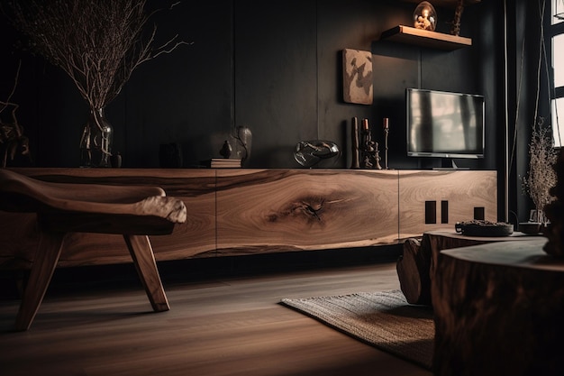 A living room with a large wooden table and a tv on the wall.