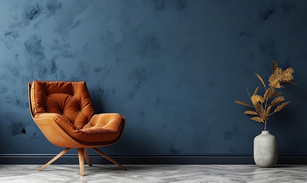 Living room with leather armchair on empty dark blue wall background