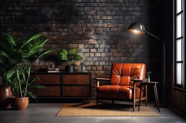 A living room with a leather chair and a table with a lamp.