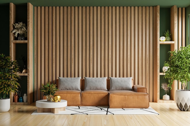 Living room with leather sofa and accessories on wooden slat background