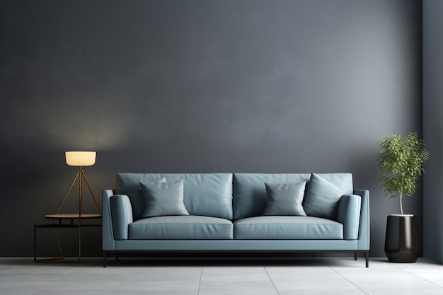 Living room with light blue sofa and gray walls