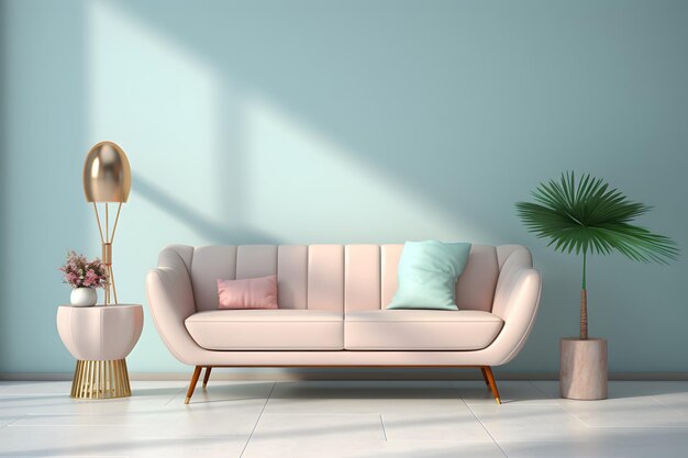 a living room with a light pink couch and a lamp