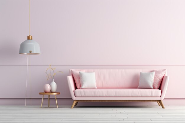 Living room with light pink sofa