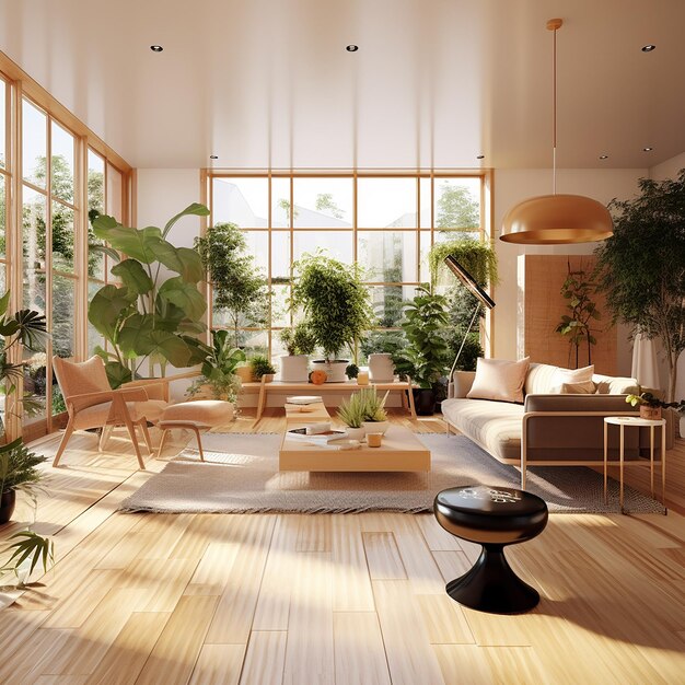 a living room with a lot of plants and a coffee table.