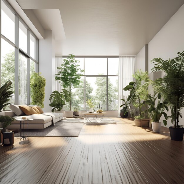 A living room with a lot of plants in it