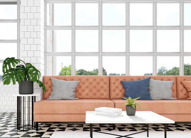 Living room with luxury orange leather sofa and white coffee table 3d rendering