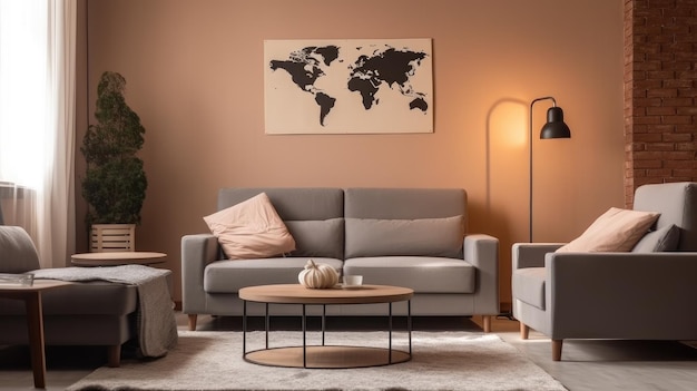 A living room with a map of the world on the wall