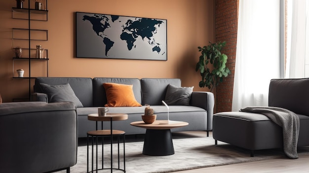 A living room with a map of the world on the wall